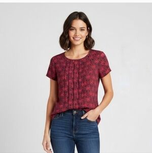 LOFT Red Short-Sleeve Floral Pintuck Blouse